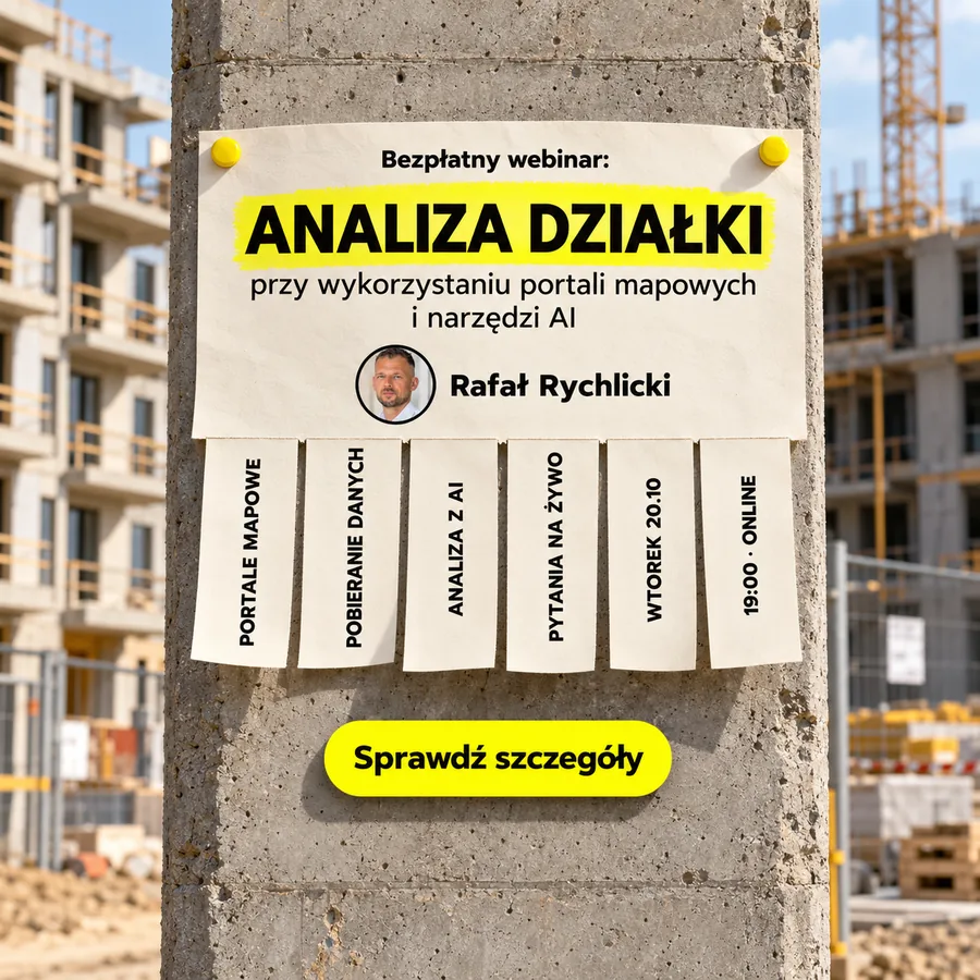 Bezpłatny webinar „Analiza działki przy wykorzystaniu portali mapowych i narzędzi AI”, prowadzi Rafał Rychlicki, wtorek 20.10, godz. 19:00, online